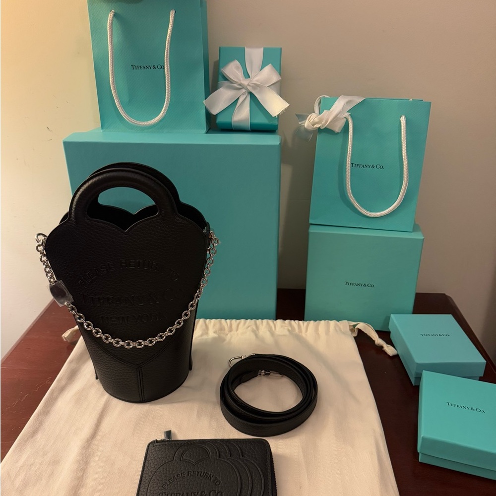 Tiffany & Co. Black Leather Crossbody with Chain & Wallet set
